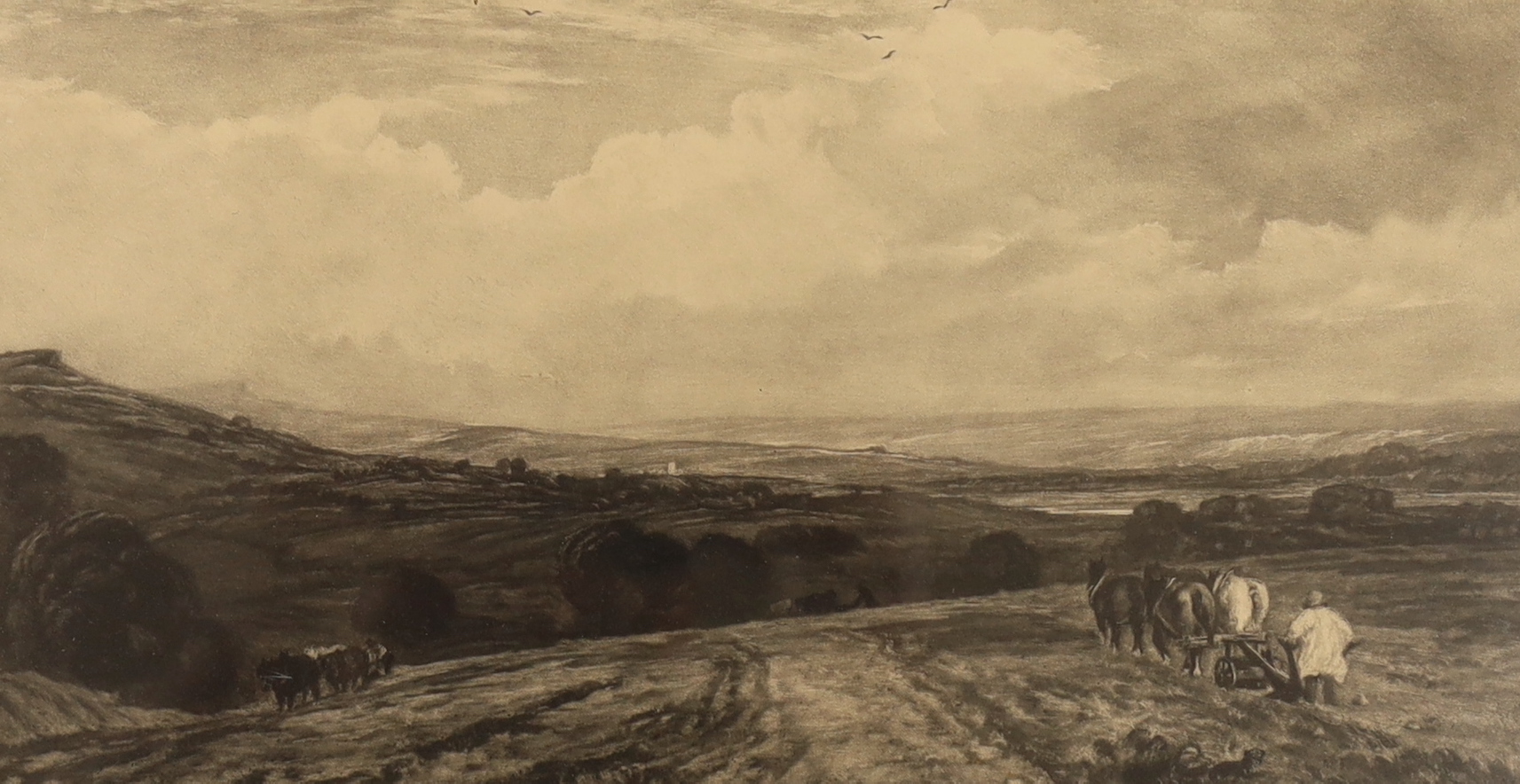 Sir Frank Short (1857-1945) set of four mezzotints, including one titled ‘Ploughing’ after De Wint, signed in pencil, some inscribed verso, largest 40 x 29cm